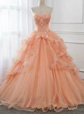 Orange Ball Gown Tulle Strapless Ruffles Long Sweet 16 Quinceanera Dresses